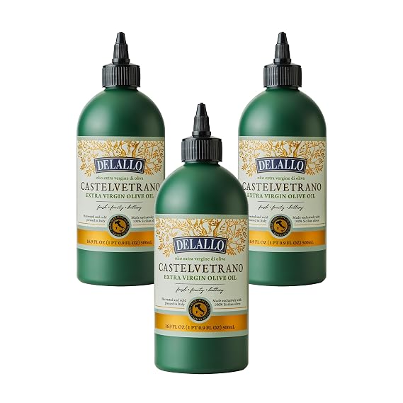 DeLallo, Castelvetrano Extra Virgin Olive Oil, 16.9 Ounce Squeeze Bottle, (3 Pack), Made in Italy, Made with 100% Sicilian Olives, For Cooking and Drizzling, All Natural, Non-GMO