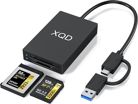 USB C USB 3.0 XQD+SD Card Reader, 2-in-1 USB A and Type C 5Gbps Memory Card Reader with 2 Slots XQD/SD Compatible with Sony G/M Series, Lexar Mark Cards, Sony G Series, for Windows/Mac OS/Linux, Black