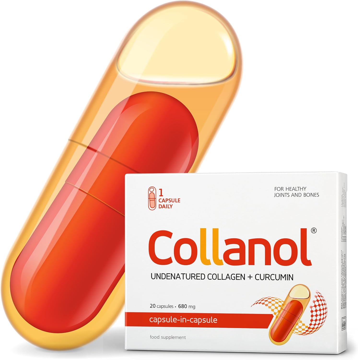 Collanol - Innovation in The Care of Healthy Joints - Liquid Formula in a Double Capsule 3D Collagen  micellar Extract of Turmeric Roots 1 CapsuleDay. Laboratory Tested