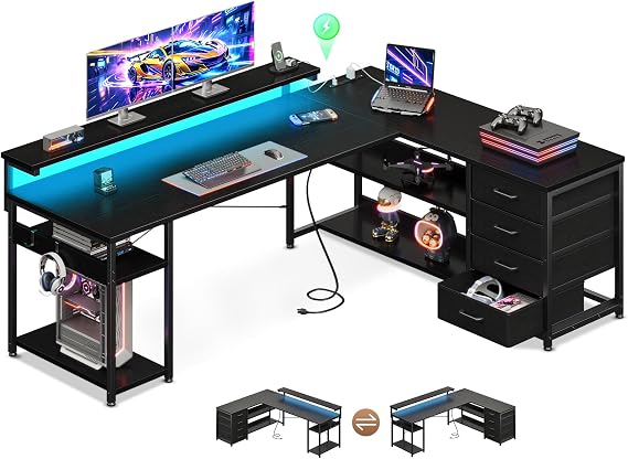 AODK 61 Inch L Shaped Computer Desk with 4 Drawers, LED Lights, Black