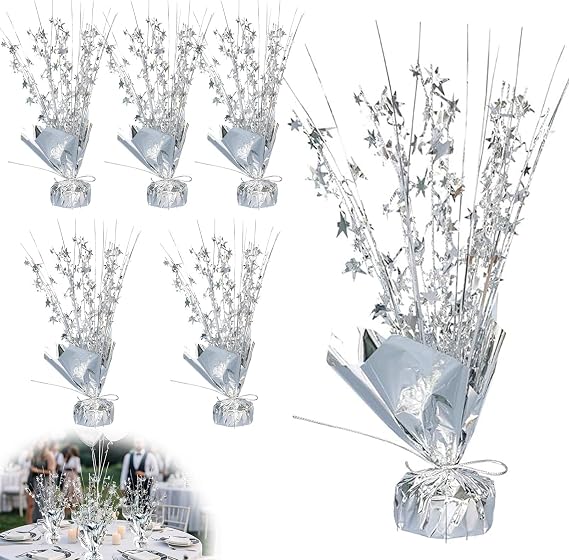 6Pcs Silver Star Foil Spray Centerpiece Table Decorations, Metallic Plastic Centerpieces Gold Star Table Decoration, Reusable Birthday Party Wedding Decor for Parties Anniversary Home Season Holiday