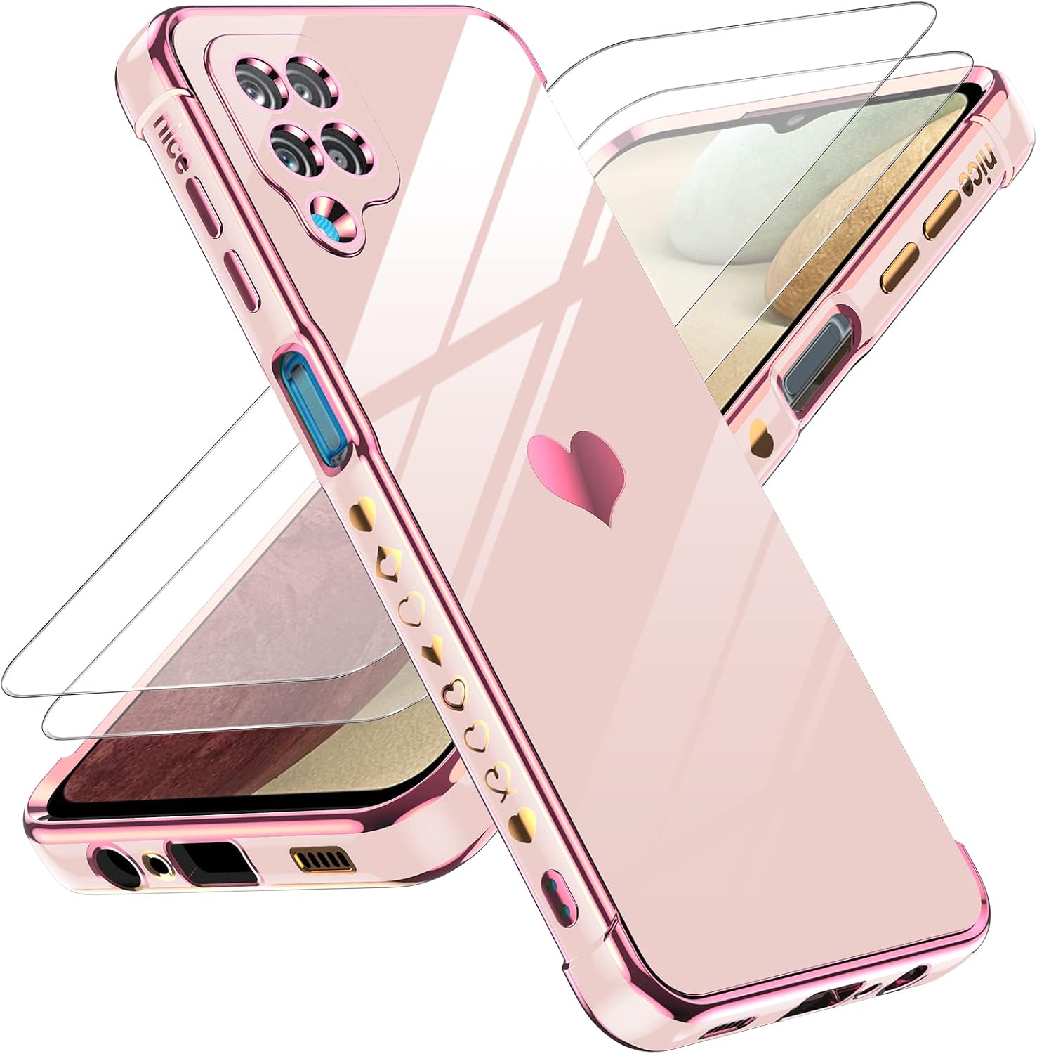 LeYi for Samsung Galaxy A12 Phone case: with Tempered Glass Screen Protector [2 Pcs] Full Camera Lens Protection, Plating Love Heart Luxury Cute Soft TPU Protective Case for Samsung A 12, Pink