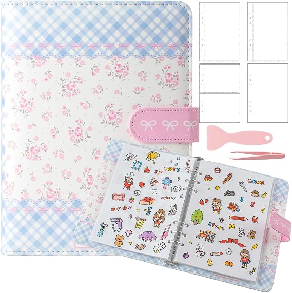 Reusable Sticker Book Collecting,A5 Binder Album Storage Organizer with Blank Release Paper and Pocket for Adult Kids,Cartoon Leather Binder Cover & Magnetic Buckle Closure(flower)