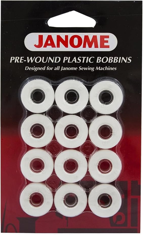 Janome 12 Pack Pre-Wound Plastic Bobbins Thread 80 Yards Polyester (White) | Includes 12 in a portable pack, Top and front-loading machines (excluding MB4, Class 15 and 15J