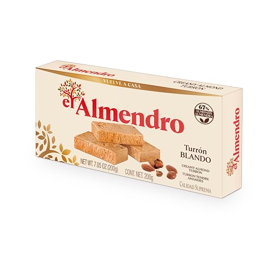 El Almendro Turrones, Turron Blando Nougat Candy, Creamy Almond Torrone From Spain, Traditional & Authentic Spanish Dessert Candy, Gluten Free, 1 Box, 7.05 oz.