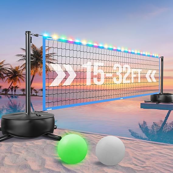 Inground Pool Volleyball Net Set, LED Light, 15-32FT Adjustable | Heavy Duty Water Bag Base, 21-Strand PE Net with Anti-Sag Design, Rust-Resistant Outdoor Use, 2 Balls for Kids Adults Family