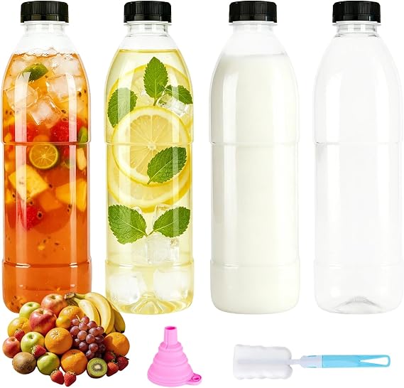 4 Pack Plastic Juice Bottles with Lids, 32 OZ (1000ML), PP Heat Resistant, Reusable, Dishwasher Safe, Empty Smoothie Beverage Container for Juicing, Milk