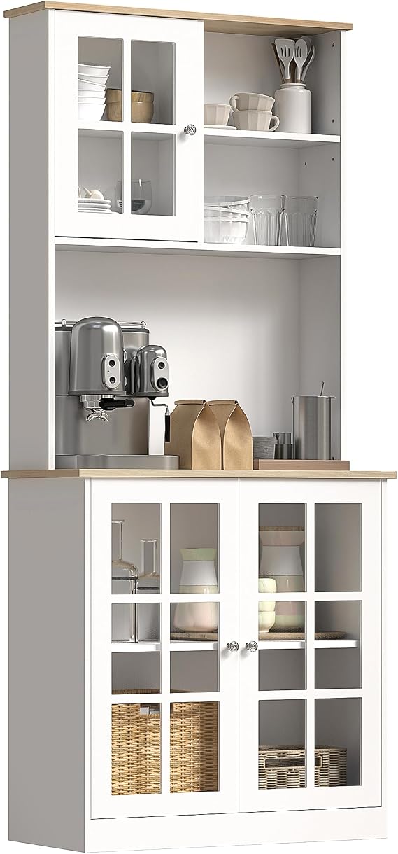 HOMCOM Kitchen Pantry Storage Cabinet, 72" Freestanding Cabinet with Hutch, Large Countertop, Glass Doors and Adjustable Shelves for Dining Room, Off White