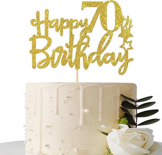 Gold Glitter Happy 70th Birthday Cake Topper, Hello 70, Cheers to 70 Years, 70 & Fabulous Party Decoration