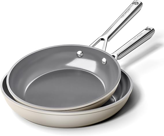 Diamond-Titanium Ceramic Nonstick Frying Pan Set, 2-Piece (24 & 28cm), PFAS & PTFE & PFOA Free, Stainless Steel Handle, Dishwasher/Oven Safe, Beige