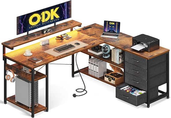 ODK L Shaped Corner Desk with Drawers, Power Outlet & LED Lights, 135×110cm