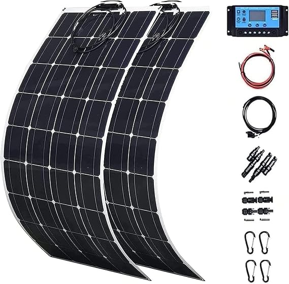 100W Solar Panel Kit with Car Inverter & 60A Charge Controller - 2PCS 50W Flexible Monocrystalline Panels for 12V/24V Battery Charging, RV, Boat, Camper, Yacht