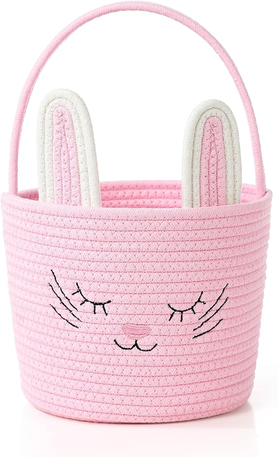 Easter Basket with Handle Woven Baby Gifts Empty Bunny Basket For Girls Boys Kids Gift Baby Shower Wedding Flower (Pink)