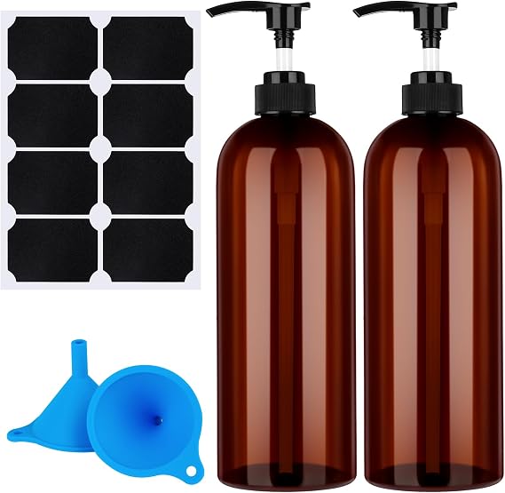 Pump Bottle Dispenser, 2 Pcs 1000ml/35.2oz Refillable Empty Plastic Amber Bottles