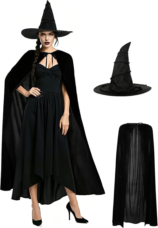 VZQI Green Witch Women Black Witch Hat Costume Cosplay Halloween Witches Hat Cape Accessories Set