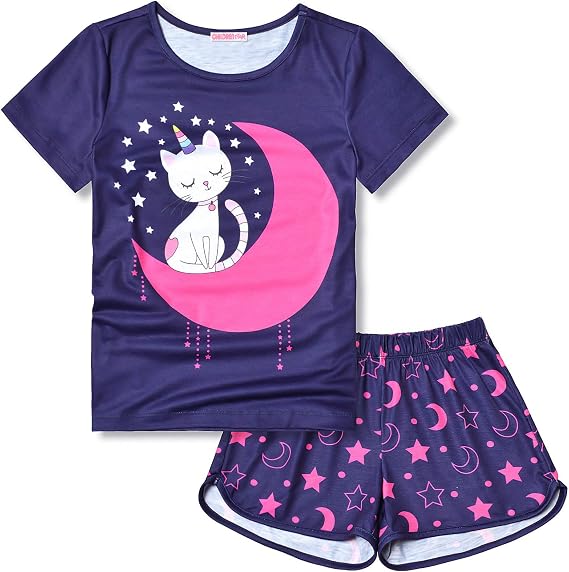 CHILDRENSTAR Pajama Sets for Girls Kids Pjs Summer Cotton Short Sleeve Sleepwear