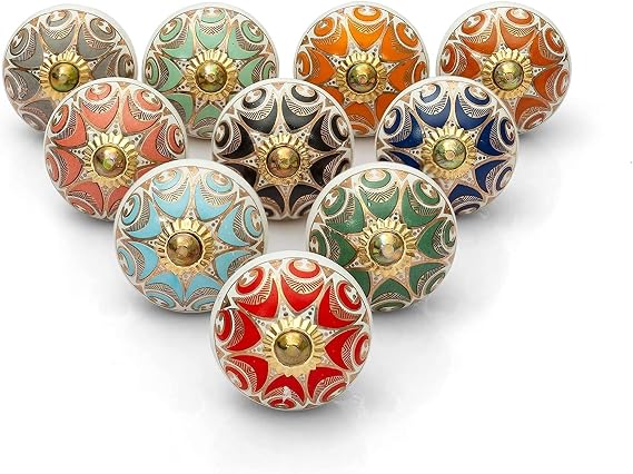 Drawer Knobs for Cupboards - Decorative Assorted Colorful Ceramic Dresser Pull Handle for Kitchen Cabinets Wardrobe Furniture Hardware - Multicolor - Pack of 10
