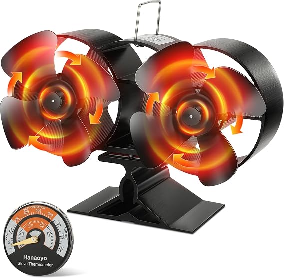 Hanaoyo Wood Stove Fan with Double Motors, Stove Fan Heat Powered, Fireplace Fan with Magnetic Thermometer, Wood Stove Accessories Non Electric Fan for Wood/Gas/Log Burner Stove