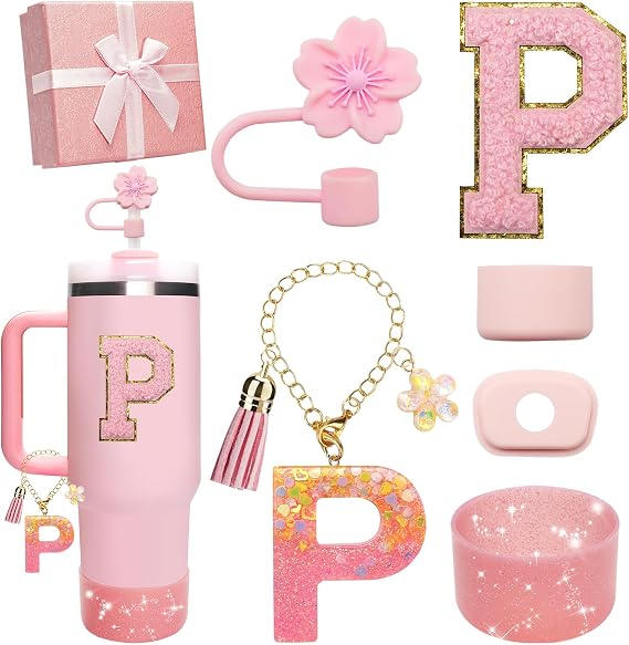 Pink Accessories for Stanley Cup 30OZ 40OZ, All Accessories Gift Box Contain Flower Straw Topper, Sillicone Boot, Letter Stickers and Pendants,Spill Stopper Set (Pink P)