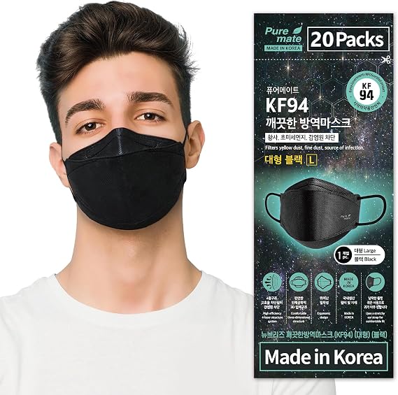 PUREMATE [20 Packs Made in Korea KF94 Face Mask White Black Individual Wrapped Filter Efficiency 94% (Large (Pack of 20), Black)