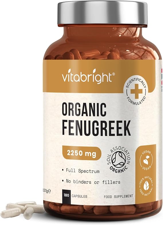 VitaBright Fenugreek Capsules 2250mg | 180 Capsules | 2 Month Supply | High Dose Organic Fenugreek Seed Supplement | Convenient Daily for Women | Made in Britain