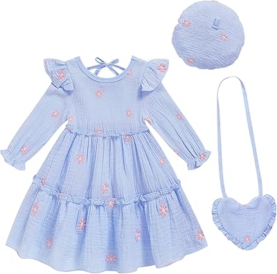 Toddler Girl Dress Kids Long Sleeve Ruffle Dresses Fall Winter Outfit Hat Bag Floral Girls Casual Playwear Dress