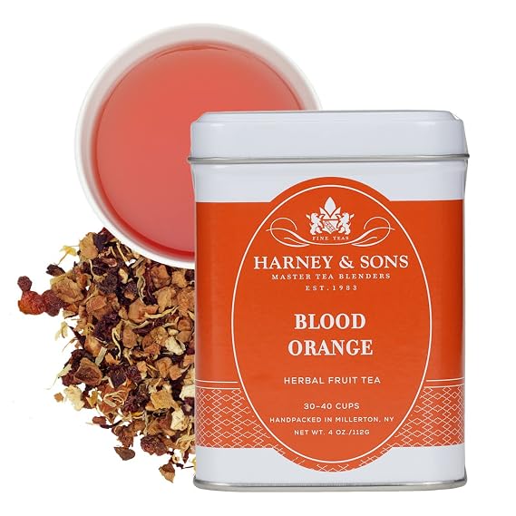 Harney & Sons Blood Orange Herbal Tea Loose Leaf Tin, 4 oz | Herbal fruit blend with blood orange, apple, hibiscus, and raspberry. Naturally caffeine-free.