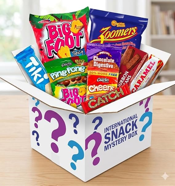 International Global Distribution LLC Mystery Snack Box, Trinidad and other Caribbean snacks, Variety Pack with Chips, Cookies, Chocolate, Nuts (20+ items)