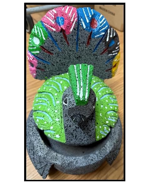 Made in Mexico Beautifully Hand Carved Painted Guacamole Maker Large Peacock Pavo Real Genuine Mexican Manual Guacamole Salsa Maker Volcanic Lava Rock Stone Molcajete W/Top Mortar and Pestle