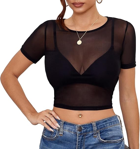 Women's Mesh Crop Tops Sexy Sheer Tee Shirts See Through T-Shirt