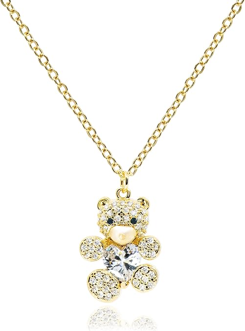 Dainty Teddy Bear Necklace for Women 14K Gold Plated Cuddly Heart Crystal Gummy Bear Pendant Jewelry Mothers Day Jewelry Gifts for Mom Her [TBN]