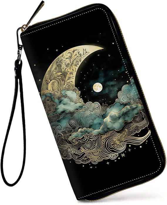 Womens Wallet, Large Capacity RFID Blocking PU Leather Wristlet Wallets for Women Ladies Men Credit Card Holder Zipper Wallet Phone Holder Clutch Travel Purse, Art Moon Starry Night