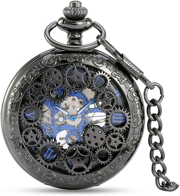 Avaner Steampunk Retro Half Hunter Copper Gear Skeleton Hand Wind Mechanical Roman/Arabic Numeral Analog Display Pocket Watch with 14" Chain