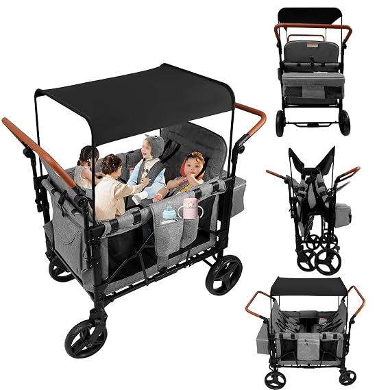 Foldable Wagon Stroller, 4 Seats Stroller Wagon for 0-6 Years Old, 35.4x24.8x44.09in Premium All Terrain Wagon for Kids with Adjustable Handle, Side Organize Bag, Disassemble the Seat