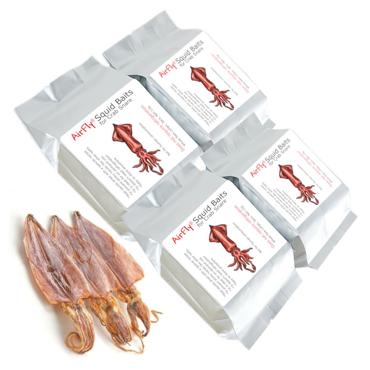 AirFly Dried Squid Fishing Bait for Crab Snares & Traps, Easy & Powerful Crab Trap Attractant, Ready-to-Use, No Refrigeration. Designed in San Francisco, USA, 4 Pack