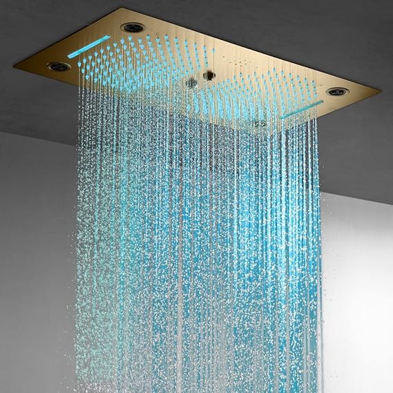 Pisa Luxury 16"x28" Ceiling-Mount LED Shower Head with Built-in Bluetooth Speakers by Cascada Showers, 4 Functions showerhead (Rain, Waterfall, Mist & Massage Outlets) (Matt Black)