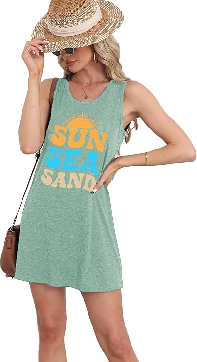 Summer Tank Dress for Women Sunset Palm Tree Beach Vacation Cover Up
