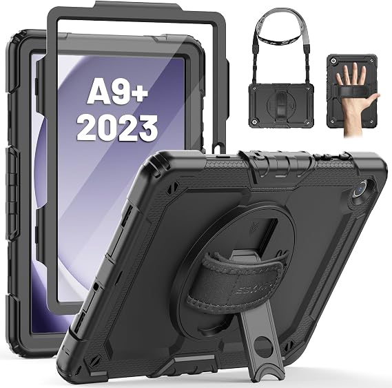 SEYMAC Case for Samsung Galaxy Tab A9 Plus 11 inch 2023 with Stand, Black | Shockproof Protective Galaxy A9+ Tablet Case With Screen Protector/Hand Strap/Rotating Stand, SM-X210/SM-X216/SM-X218