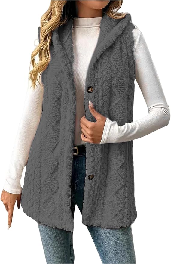 Fleece Vest Women Fall Winter Button Down Sherpa Long Vest Jackets with Hood Warm Fuzzy Sleeveless Sweater Vests
