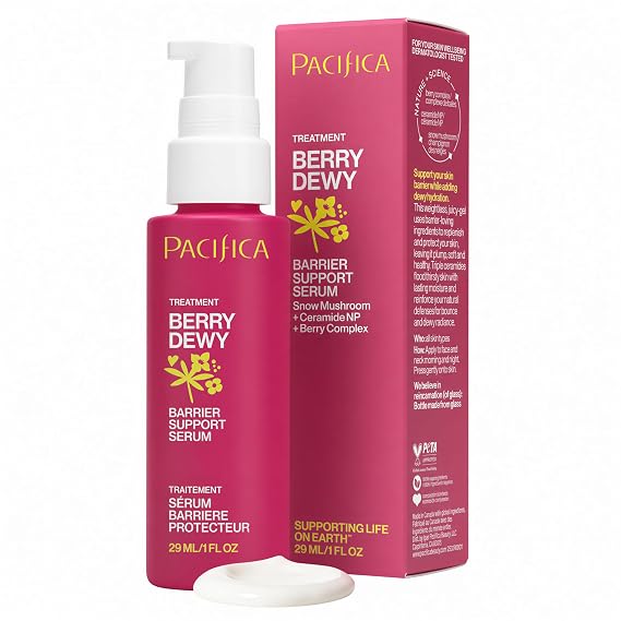 Pacifica Berry Dewy Barrier Support Serum, Ceramide and Niacinamide Face Serum, Snow Mushroom and Berry Complex, Lightweight Gel Texture, Non-Comedogenic, Vegan and Cruelty-Free