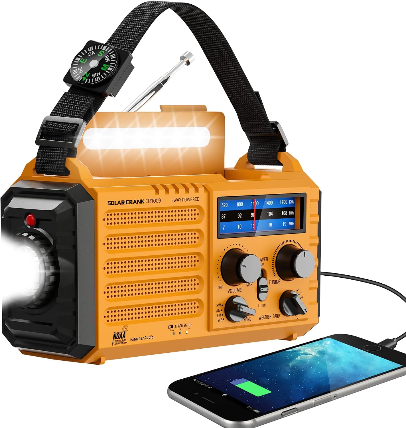 Emergency Radio with NOAA Weather Alert, Portable Solar Hand Crank AMFM Radio for Survival,Rechargeable Battery Powered Radio,USB Charger,Flashlight,Reading Lamp,for Home Outdoor