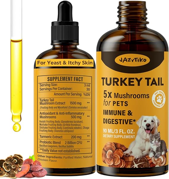Turkey Tail Mushroom for Dogs - Immune & Digestive, Vet Formulated, 90 ML | Turkey Tail Mushroom for Yeast & Itchy Skin, Joint, Energy, 5X Mushrooms for Pet Drop with Turmeric & Probiotic