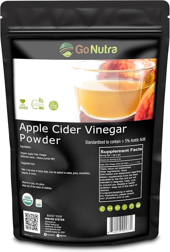 Go Nutra Organic Apple Cider Vinegar Powder, ACV with 5% Acetic Acid, 8 oz | Natural Apple Cider Powder for Cooking, Skincare & More, Non-GMO, Vegan and Gluten Free Formula, No Artificial Preservatives