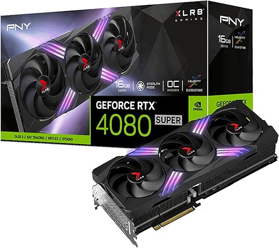 PNY GeForce RTXTM 4080 Super 16GB XLR8 Gaming VertoTM Epic-X RGBTM OC Triple Fan Graphics Card DLSS 3 (ARGB, 256-bit,PCIe 4.0, GDDR6X, HDMI/DisplayPort, incl. Adapter & Support Bracket, 3.5 Slot)