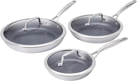 HENCKELS Paradigm Stainless Steel 6 Pc Fry Pan Set, Tri-Ply Ceramic Nonstick Fry Pan Set, Non Toxic Induction Fry Pan, Metal-Utensil & Dishwasher Safe