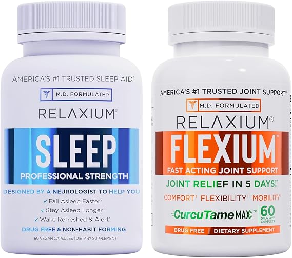 Relaxium Sleep & Joint Relief Bundle, Melatonin & Ashwagandha Sleep Aid + CurcuTame & Glucosamine Chondroitin, 60 Capsules Each, Drug-Free Support for Sleep & Joint Health