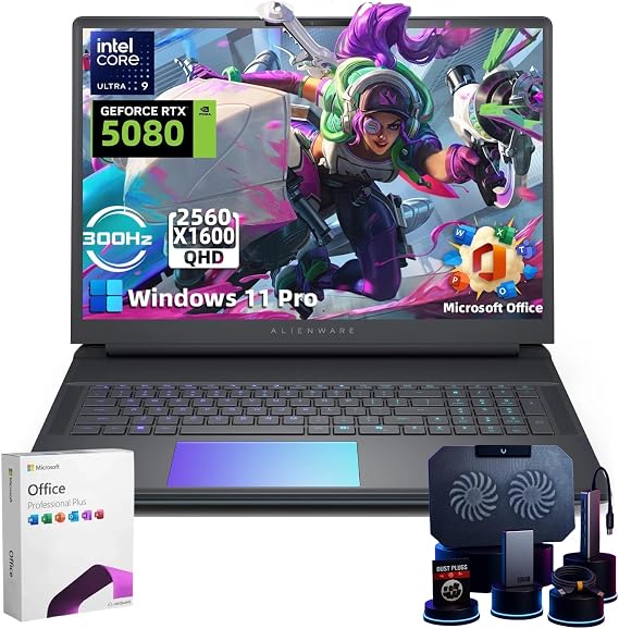 Alienware 18 Area-51 Gaming Laptop - 18 QHD 300Hz 3ms Display, Intel Ultra 9 275HX, NVIDIA RTX 5080 16GB GDDR7, 64GB DDR5, 1TB SSD, RGB Backlit keyboard, Win 11 Pro, Office Pro, WExternal DVD Drive