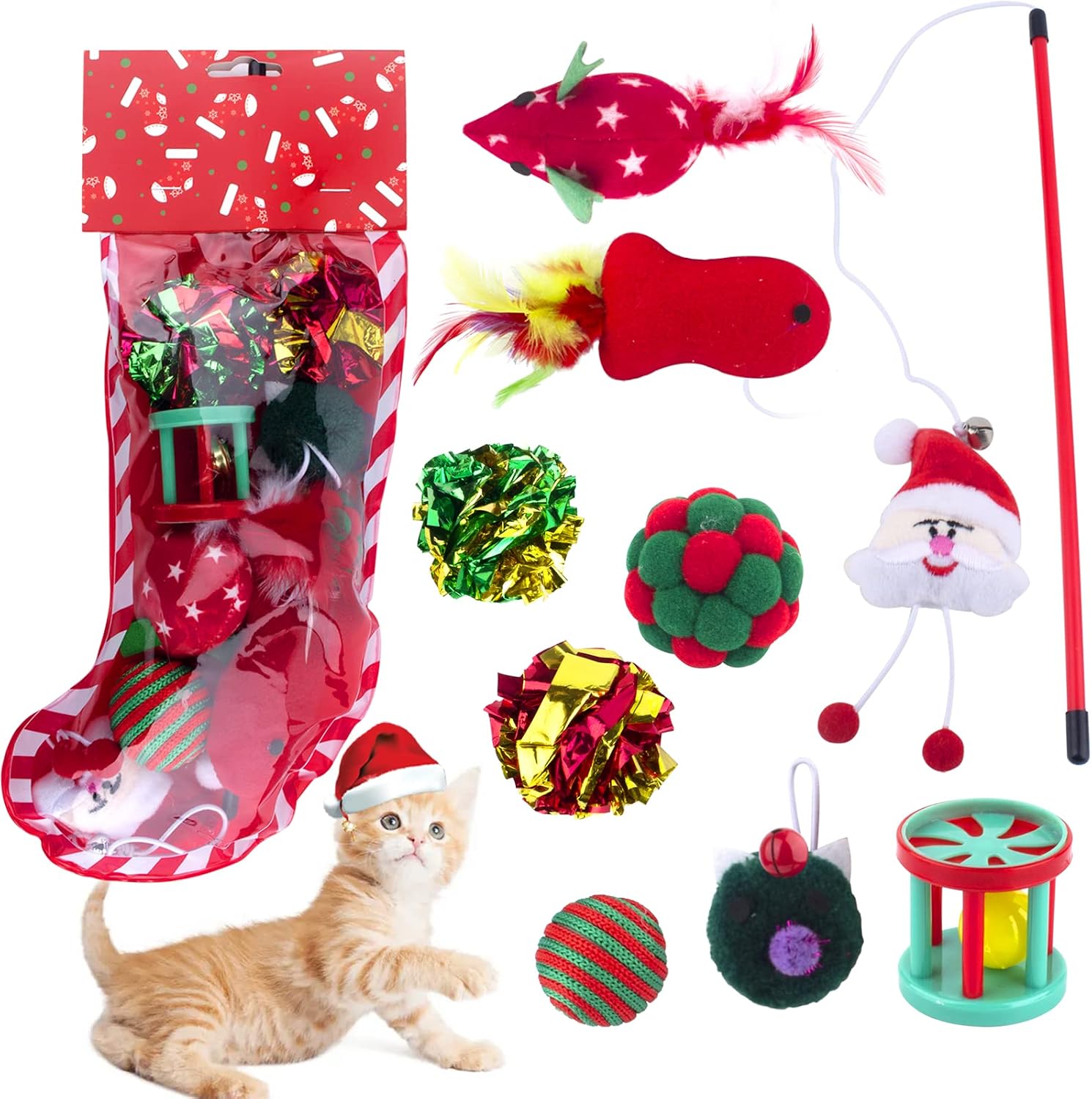 Christmas Cat Toys Stocking for Indoor Cats Interactive Toys Assortment with Teaser Wand Wrinkle Balls Plush Santa Claus Candy Mouse Fish with Catnip