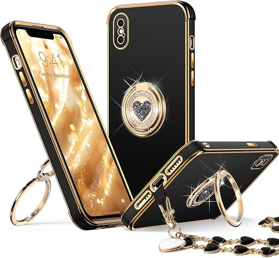 XYZ for iPhone Xs Max Case with Stand, Phone Case with Double Ring Kickstand, Women Girl Cute Love-Heart Luxury Bling Protective Case Heart for iPhone Xs Max(6.5 inch), Black