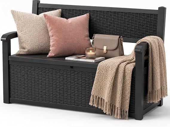 EFU Outdoor Bench Storage Deck Box,100 Gallon Waterproof Wicker
